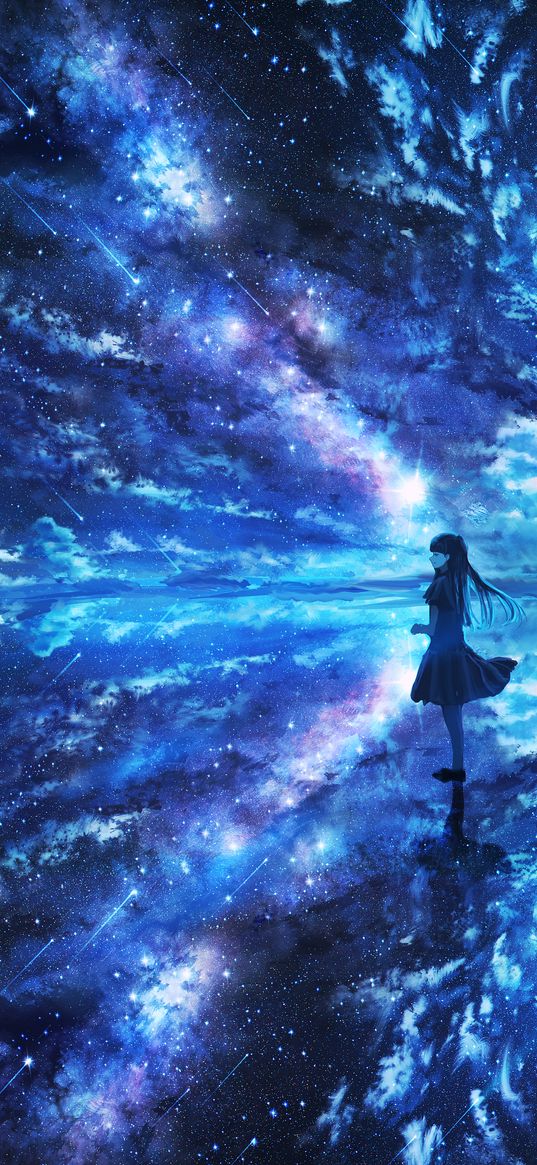 girl, lake, starry sky, stars, reflection, cosmos, comets, anime, art