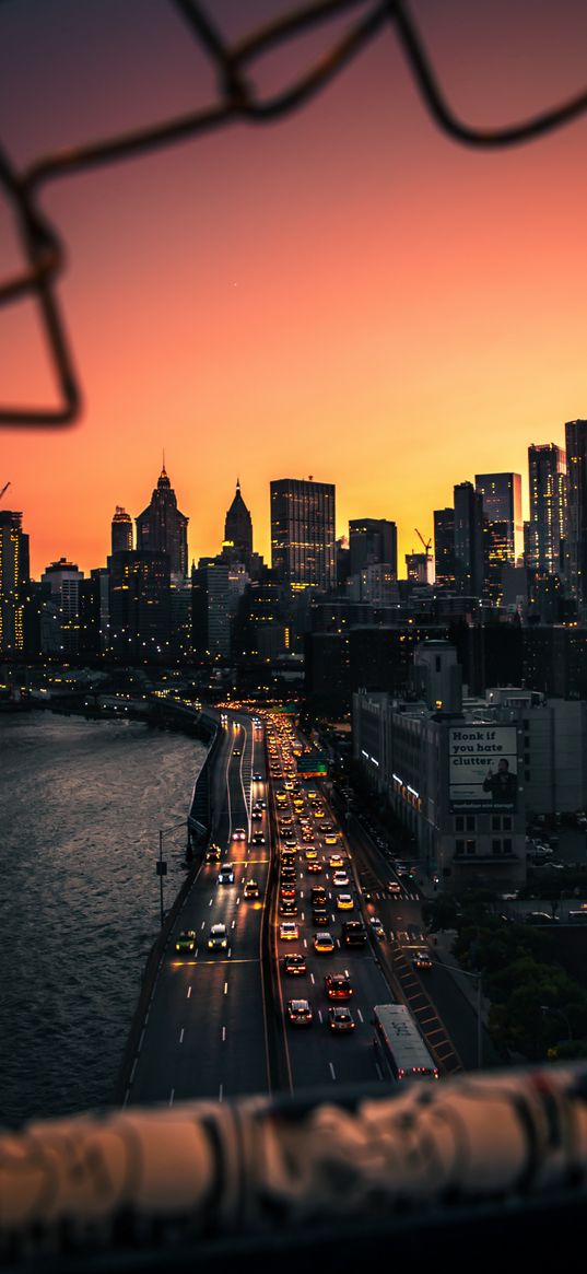 new york, skyscrapers, buildings, streets, river, city, cars, sunset, evening