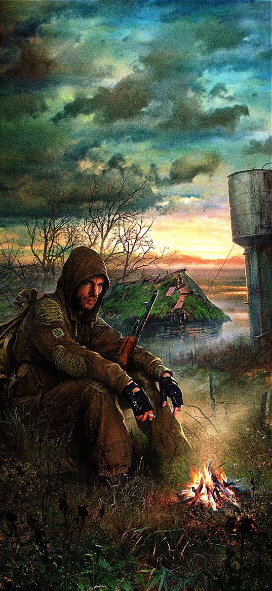 stalker, game, soldier, military, bonfire, weapon, house, sunset, art