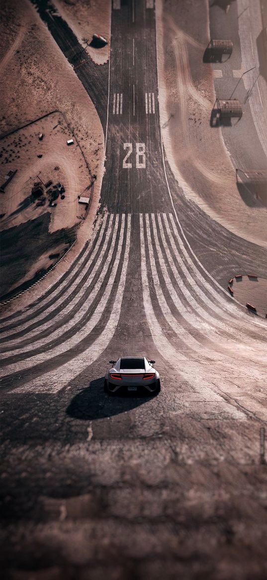 sports car, car, white, road, long, illusion, top view