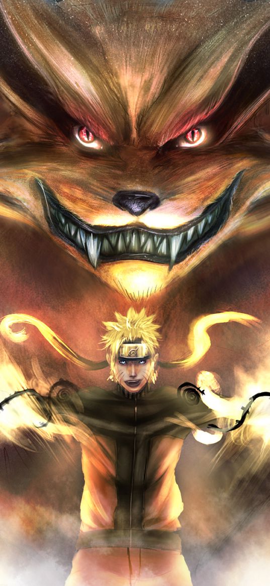 naruto, anime, kurama, nine-tailed fox, beast, art