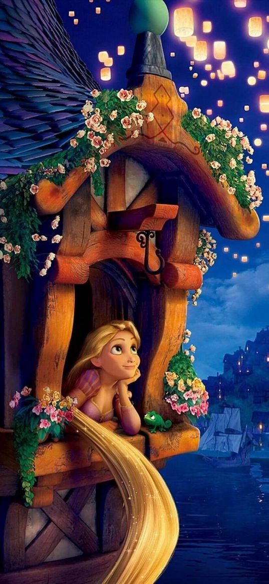 rapunzel, princess, cartoon, disney, window, lanterns, flowers