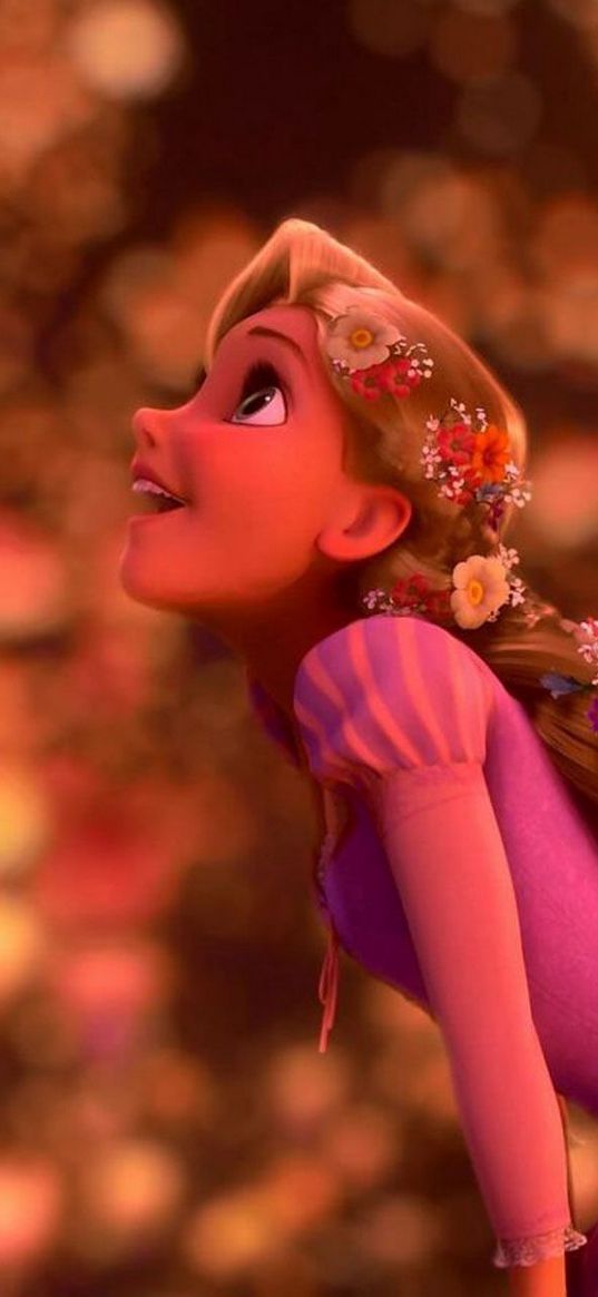 rapunzel, princess, cartoon, disney, lights, flowers