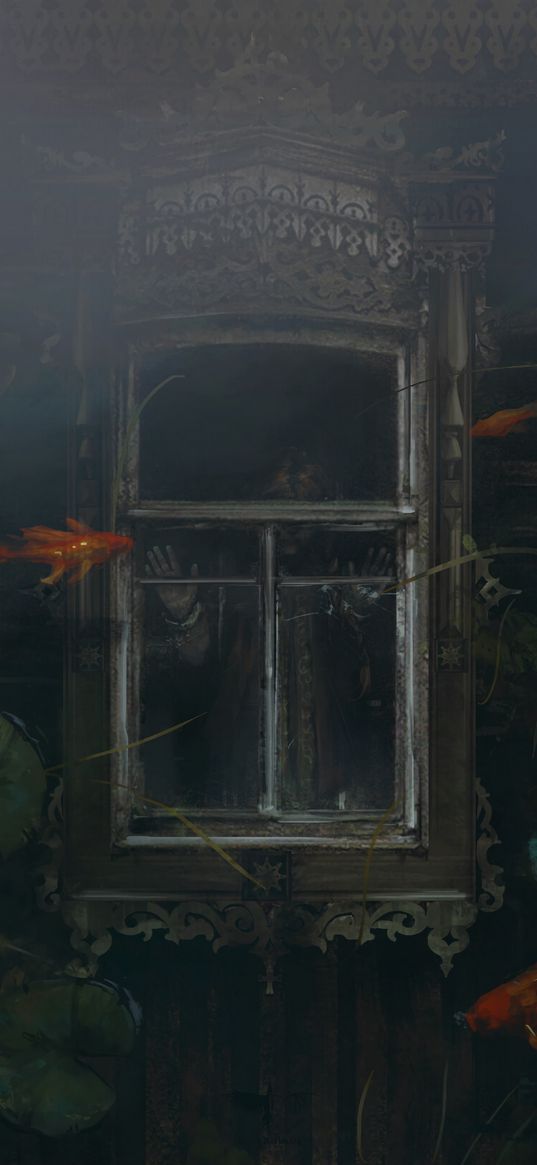 window, girl, house, fish, underwater, art