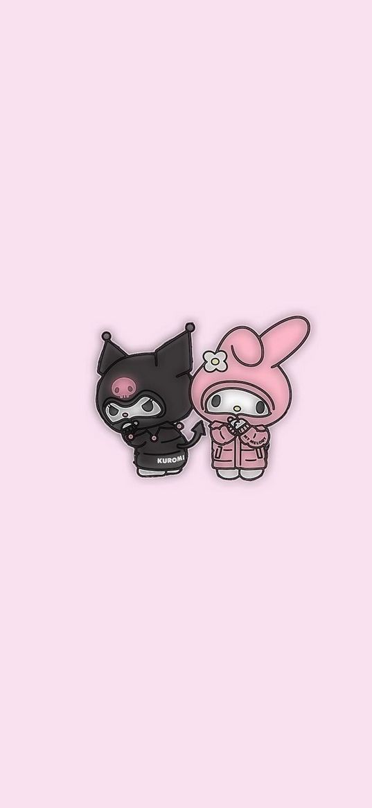 hello kitty, kuromi, cat, cats, pink background