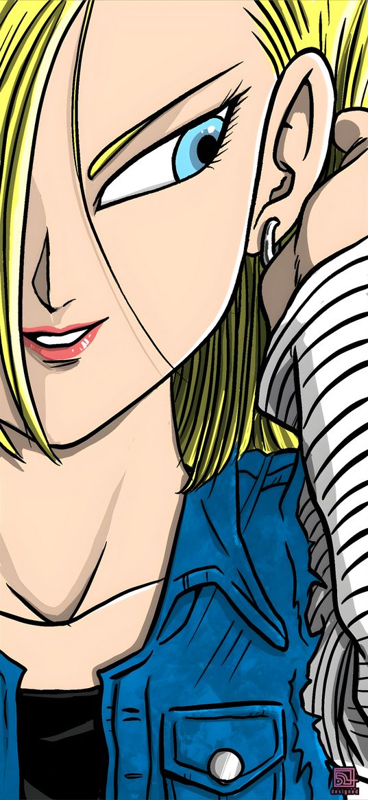 android 18, dragon ball, anime, girl, blonde, face, art