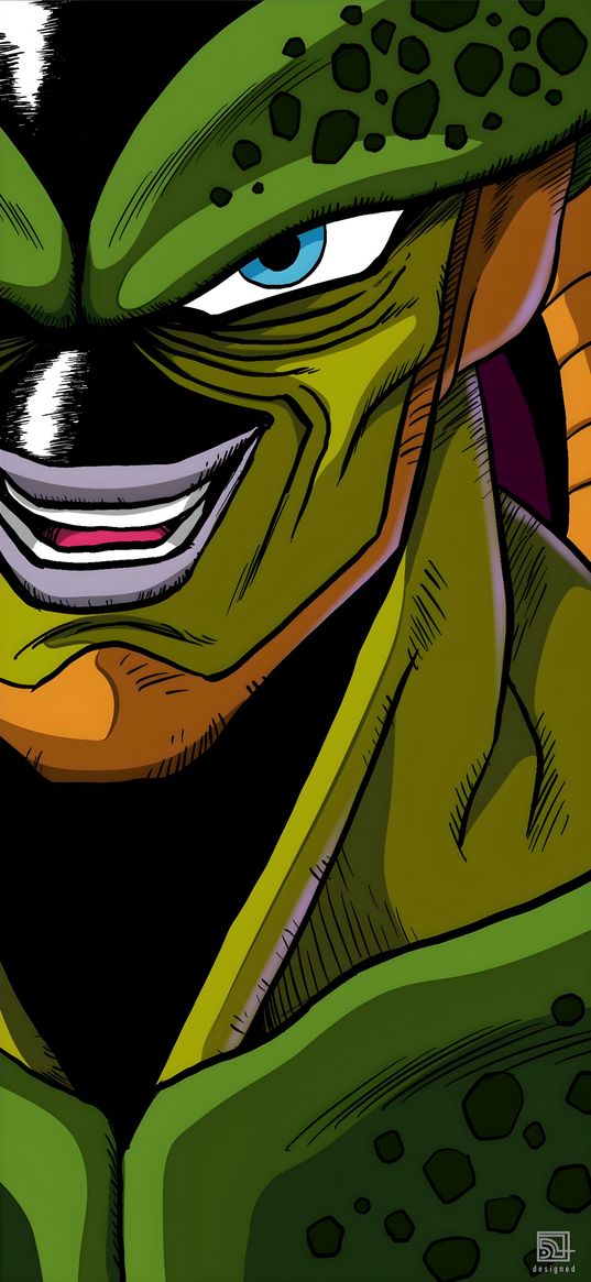 cell, dragon ball, anime, character, monster, face, green, art