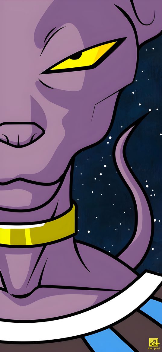 beerus, dragon ball, anime, cat, purple, stars, face, art