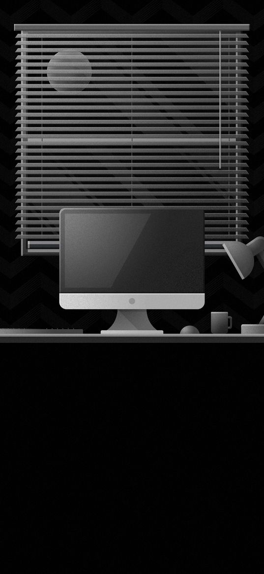 monoblock, computer, table, lamp, window, moon, aesthetics, black and white, art