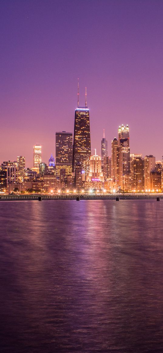 sea, buildings, lights, embankment, city, twilight