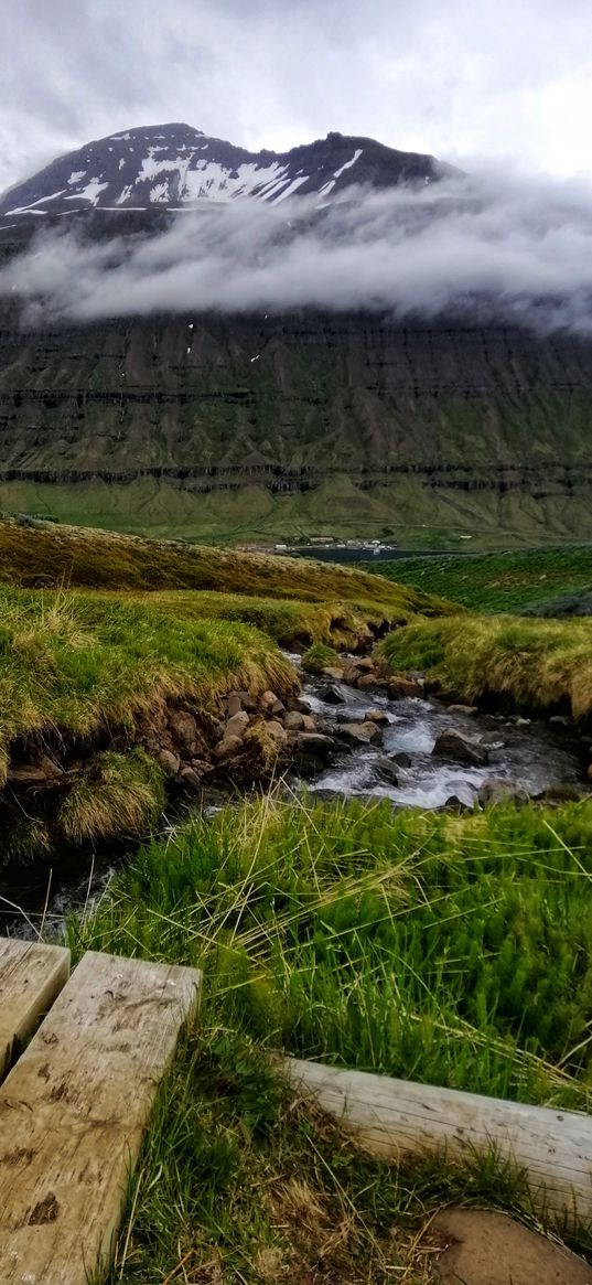 clouds, nature, greenery, mountains, iceland, landscape, beauty, stream