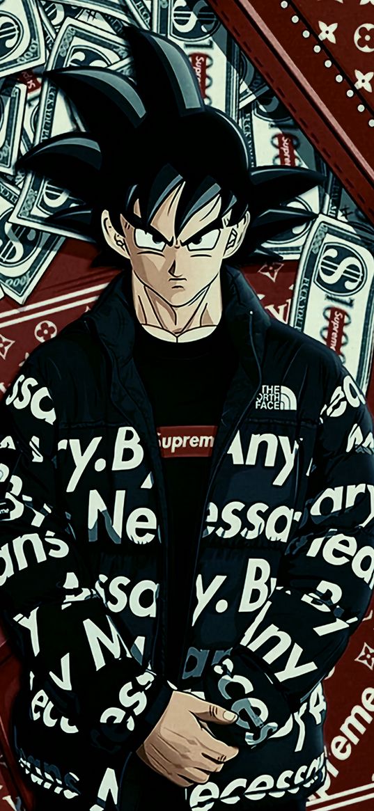 goku, guy, character, anime, art, leather jacket, supreme