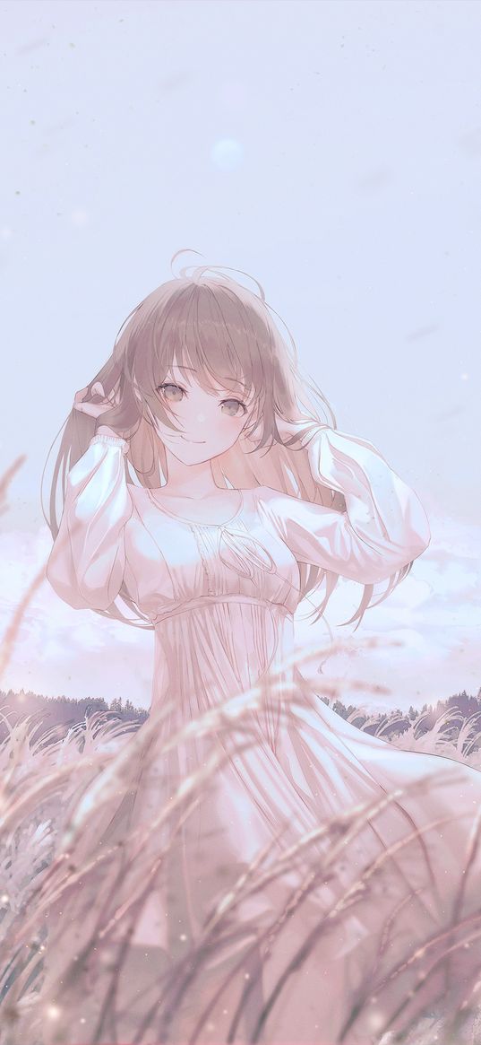 girl, dress, lightness, wind, field, light, anime, art