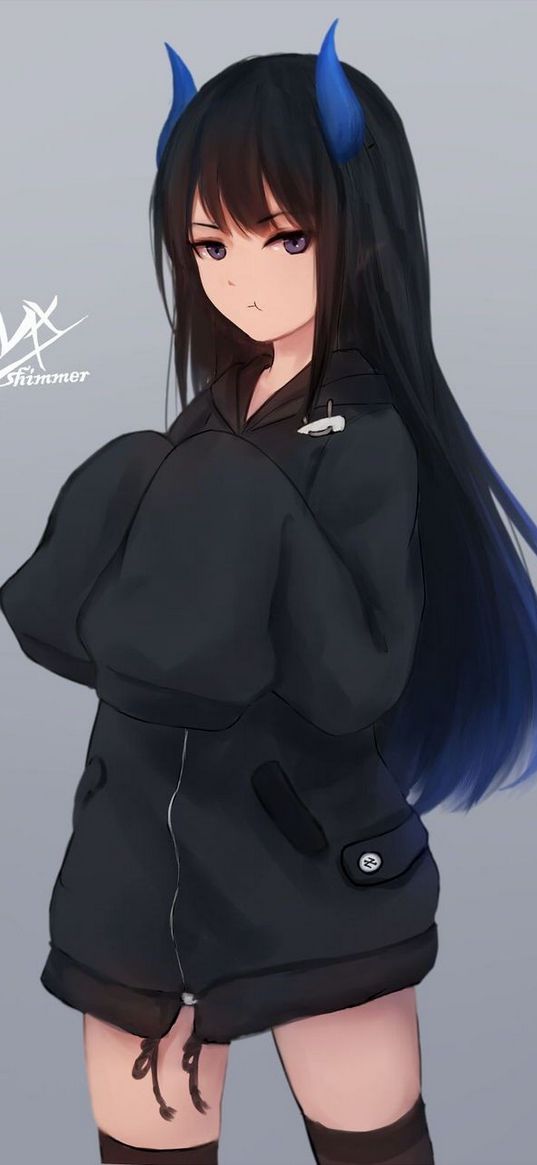 girl, horns, hoodie, jacket, anime, art, gray background