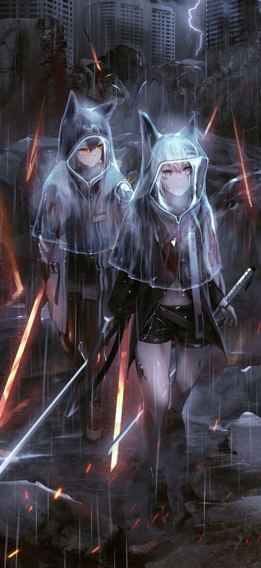 arknights, game, anime, characters, girls, raincoat, sword, city, ruins, art