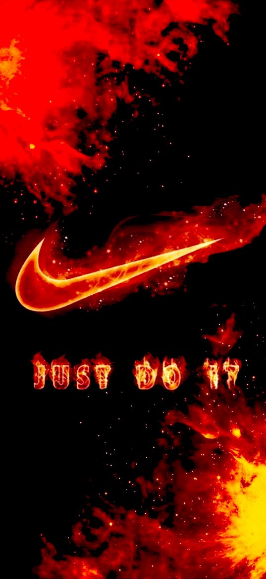 nike, logo, lettering, just do it, black background, fire