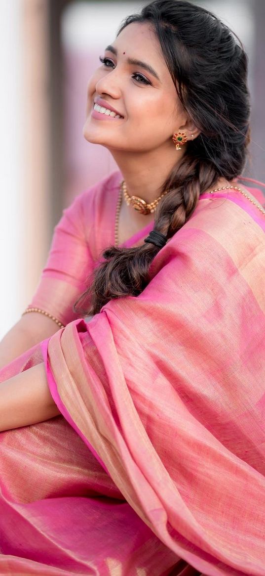 girl, sari, smile, beauty, hair, pink outfit