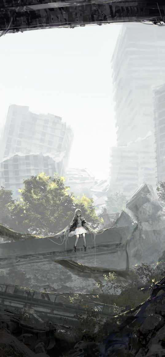 girl, apocalypse, city, destruction, anime, art