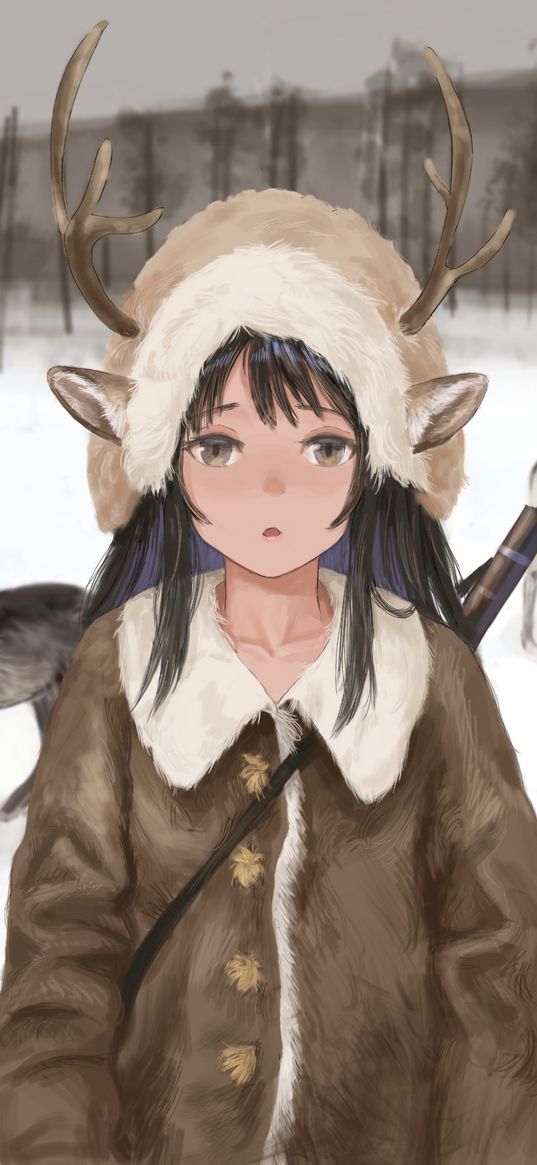 girl, deer, horns, gun, anime, art