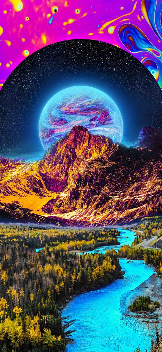 mountains, river, planet, ball, fantasy, art