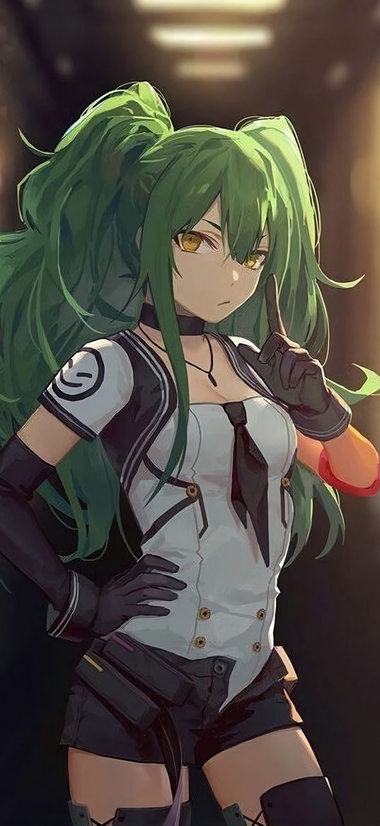 girl, green hair, ponytails, cyberpunk, anime, art