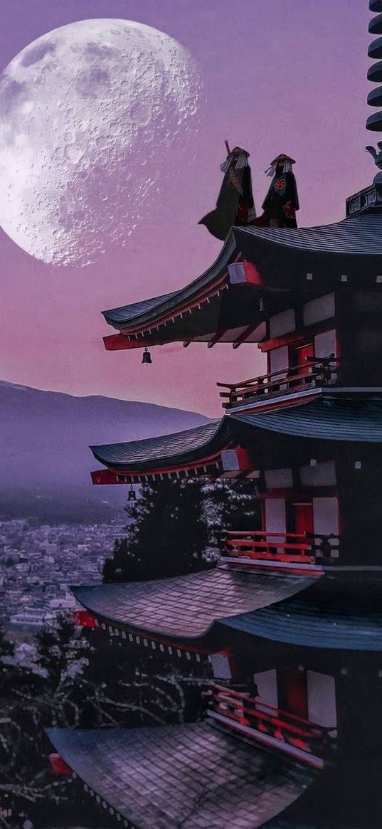 naruto, uchiha, temple, moon, anime, art