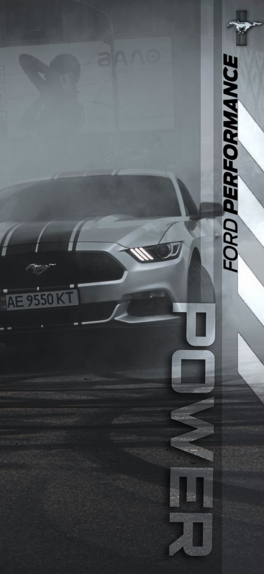 ford mustang, ford, sports car, car, gray, tire tracks, smoke