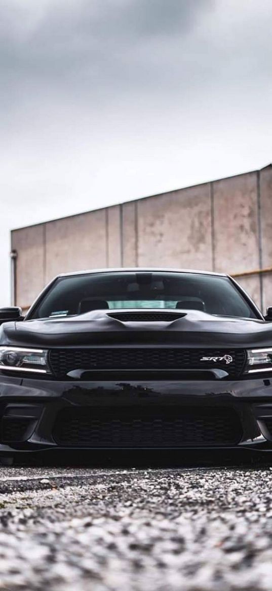 dodge charger srt, dodge, sports car, car, black, building, cloudy