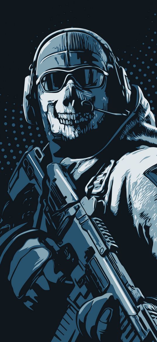 ghost, call of duty, game, character, military, soldier, mask, skull, machine gun, weapon, art