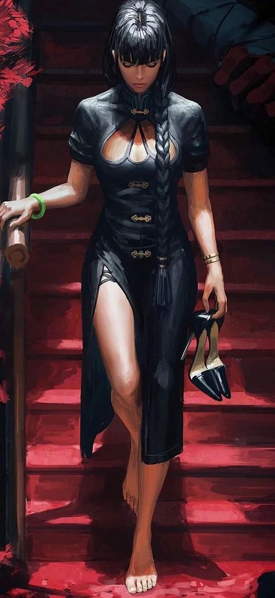 anime, art, girl, character, black dress, shoes, stairs