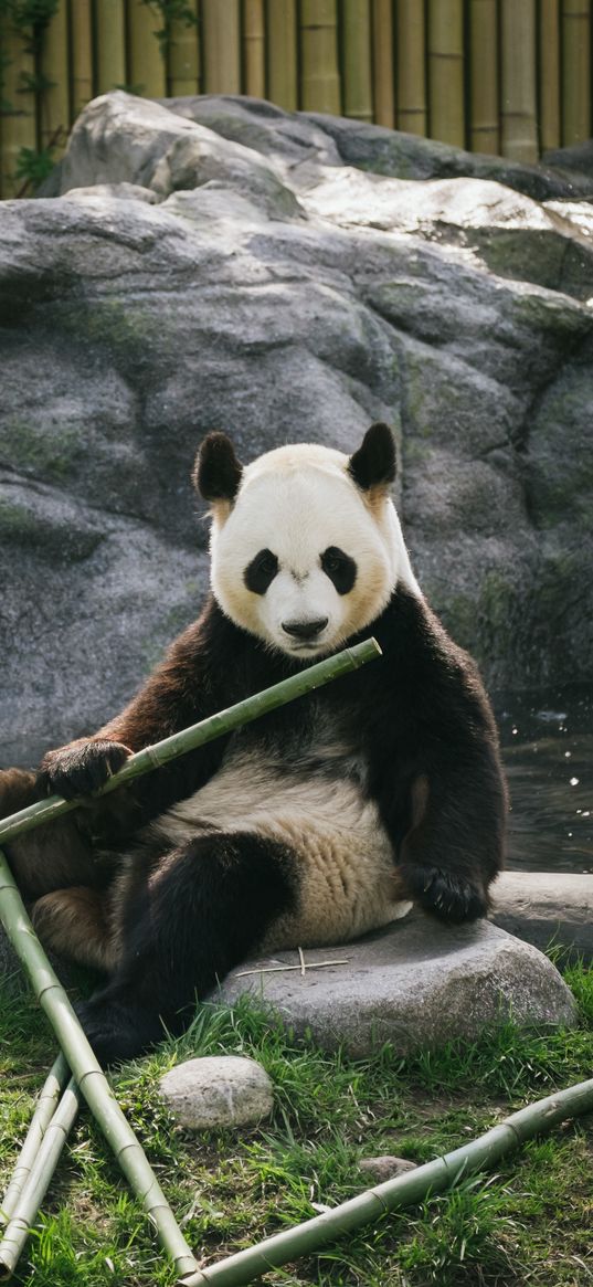 panda, bamboo, stones, animal