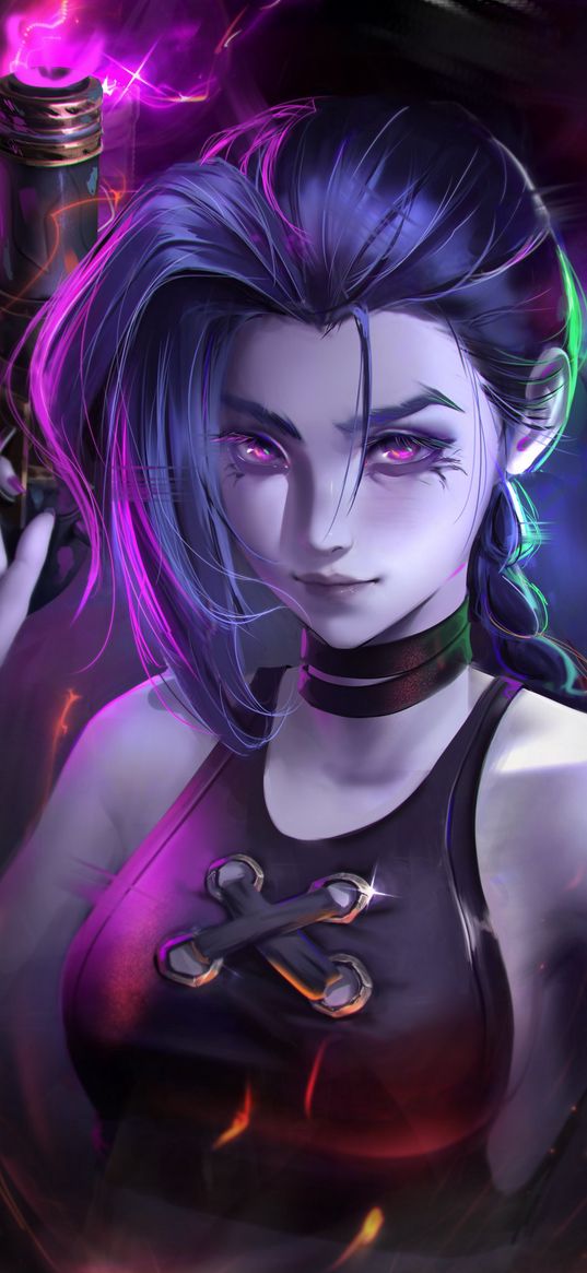 jinx, league of legends, anime, girl, game, art, weapon, arcane