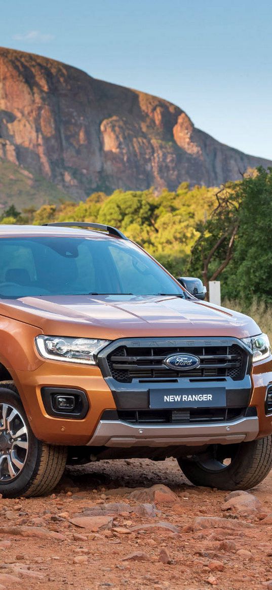 ford ranger, ford, car, pickup, orange, sand, mountains, trees