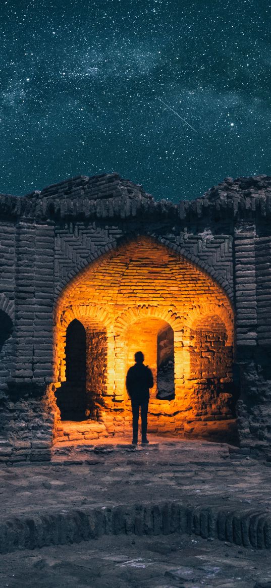 ruin, man, light, starry sky, caravanserai, architecture