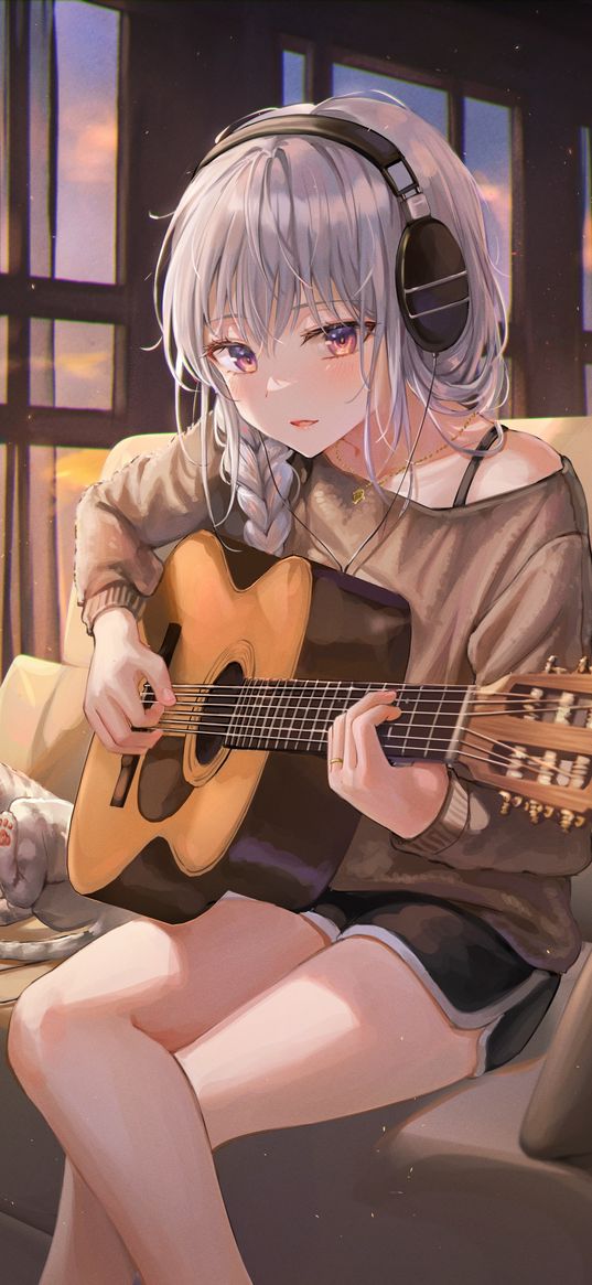 anime, girl, art, guitar, cat, headphone