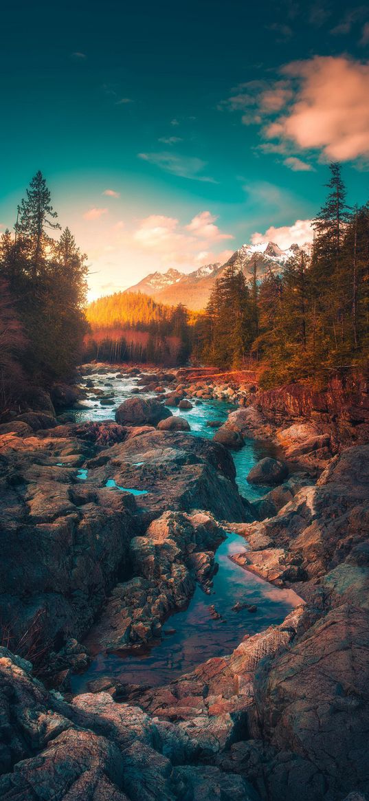 river, stone, tree, mountains, clouds, nature, landscape