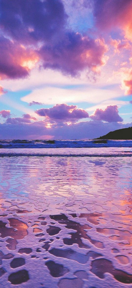 sea, waves, foam, clouds, hill, sunset, evening, pink