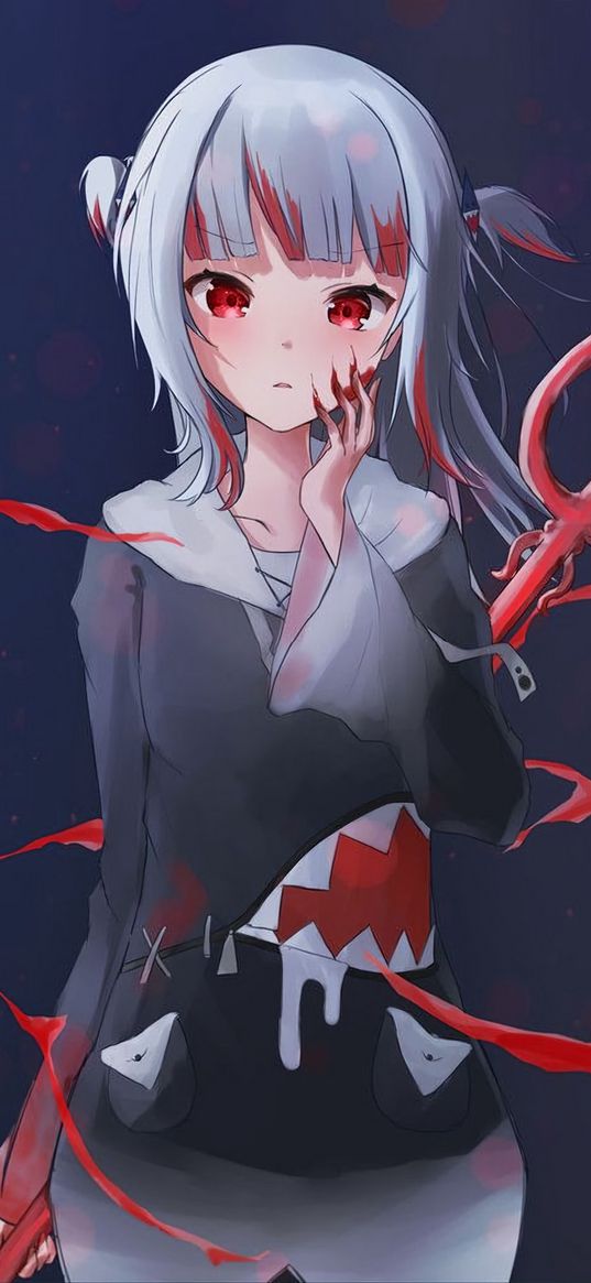 girl, gray hair, red eyes, cute, trident, anime, art