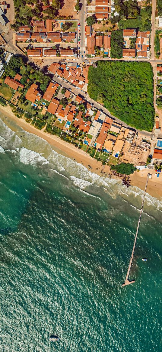 sea, waves, pier, beach, shore, houses, resort, top view, city