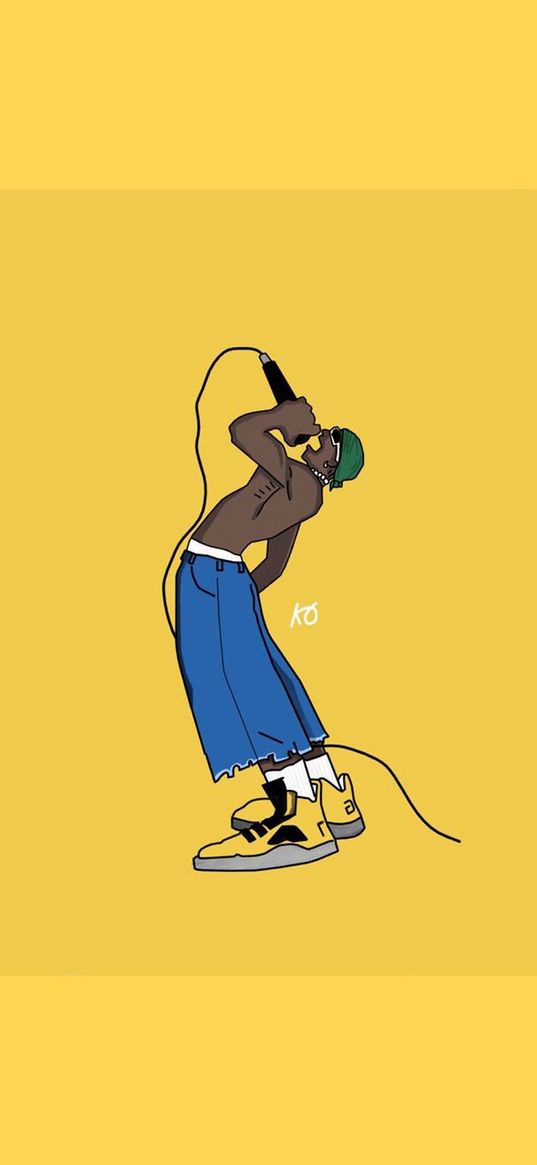 rapper, dark-skinned, microphone, sings, yellow background, art