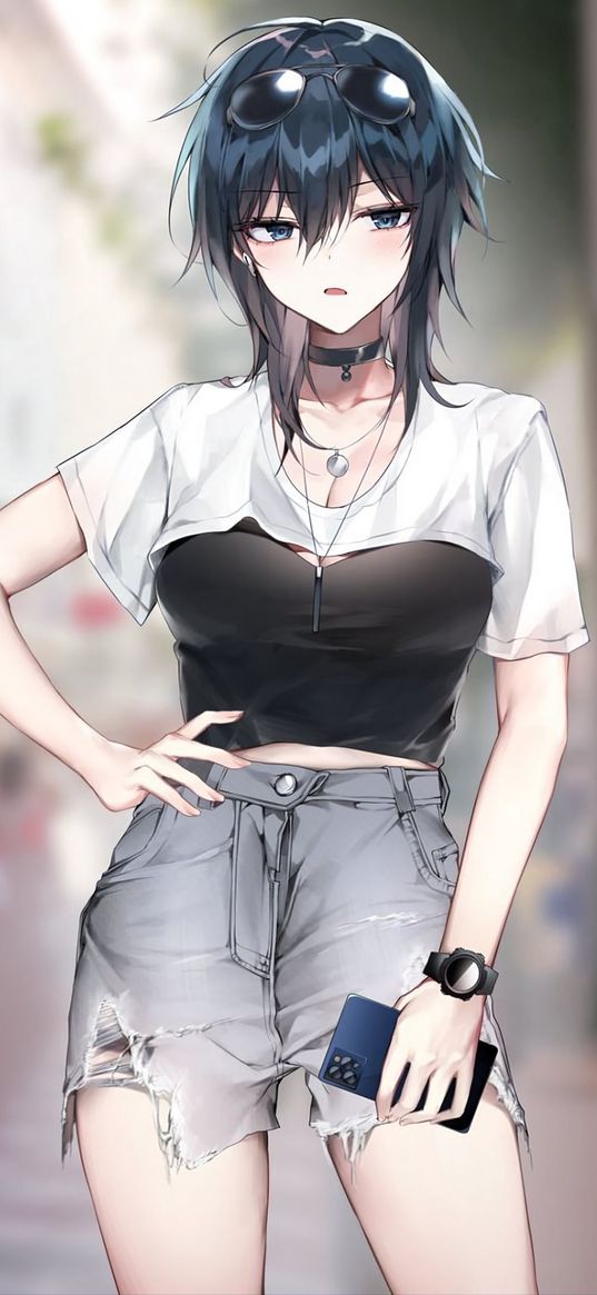 girl, shorts, choker, glasses, smartphone, tired, street, anime, art