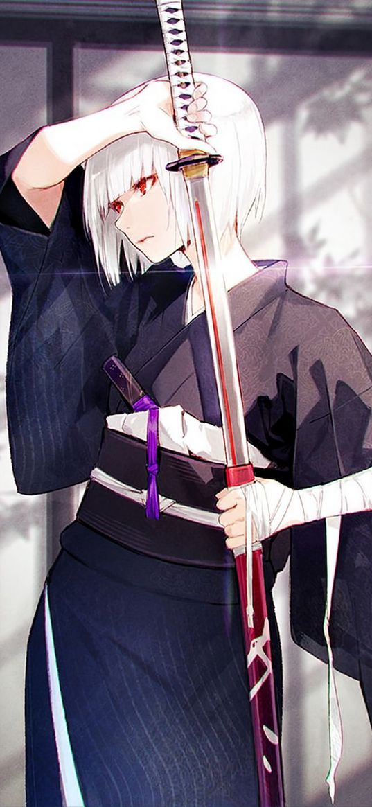 girl, kimono, katana, gray hair, bandage, anime, art