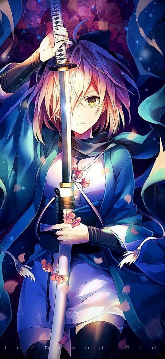 anime, girl, katana, weapons, flowers