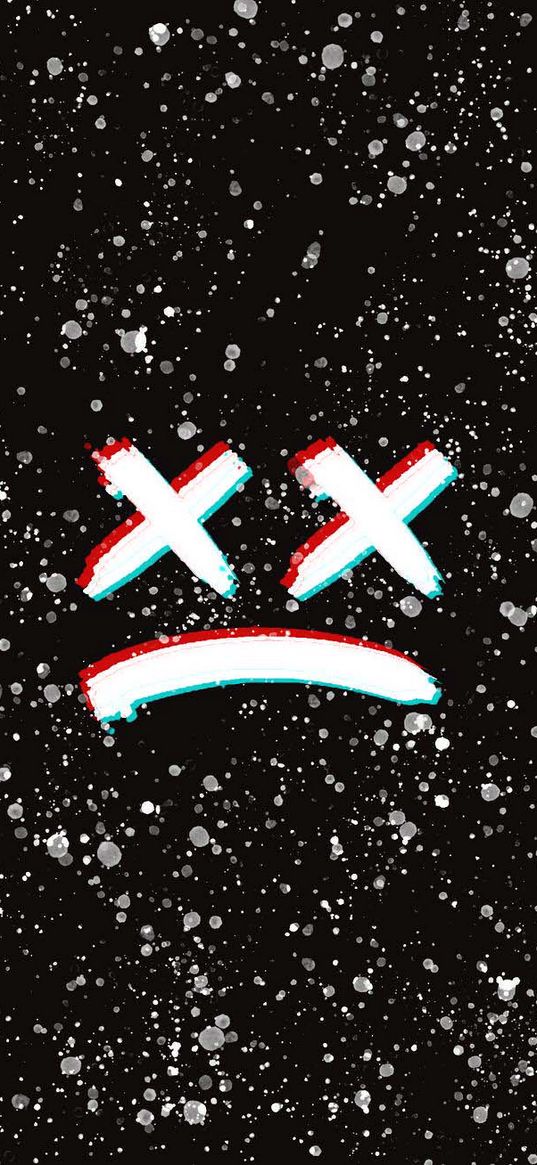 smiley, sadness, white, red, blue, black background, spots