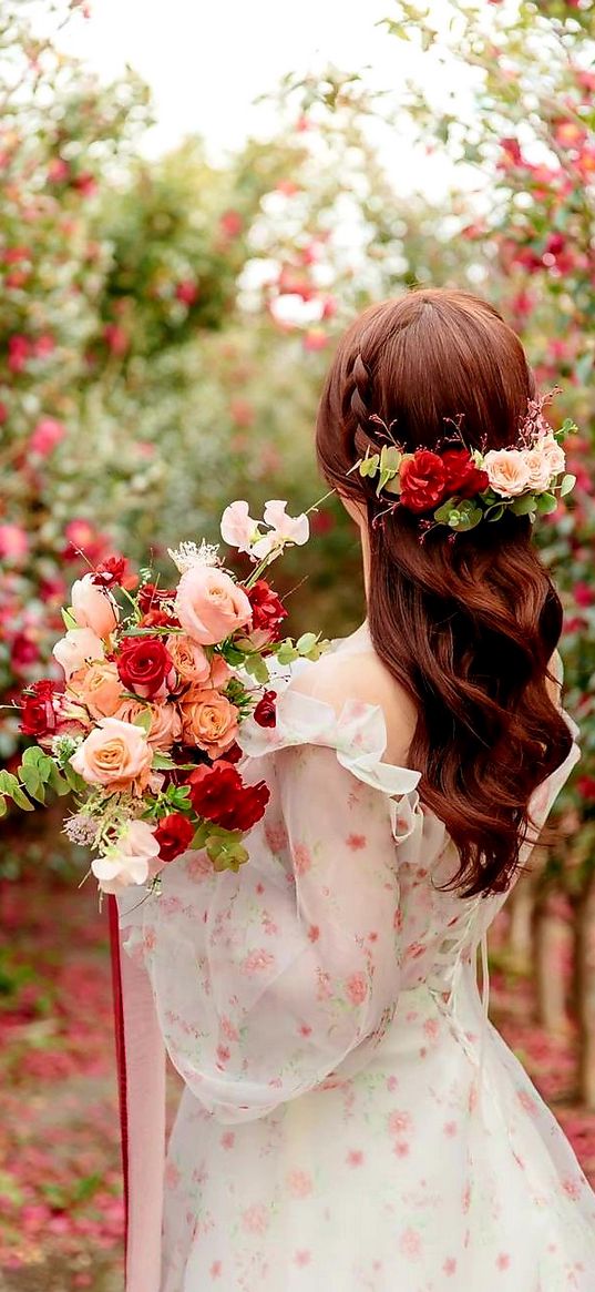 spring, flowers, rose, garden, girl, dress, wreath