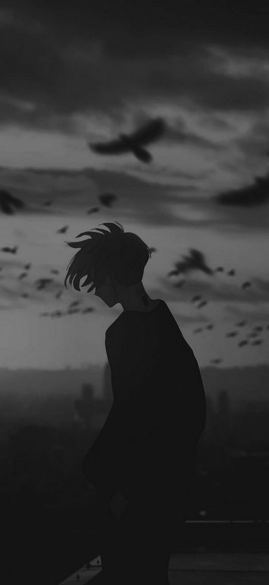 sad boy, anime guy, anime, dark, birds