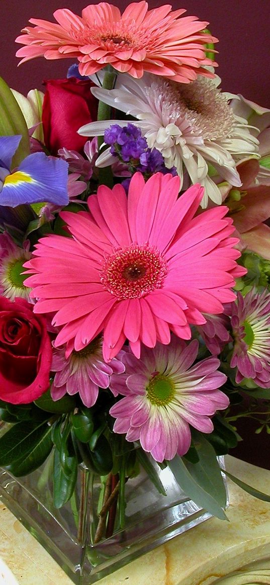 gerberas, irises, roses, carnation, bouquet, vase