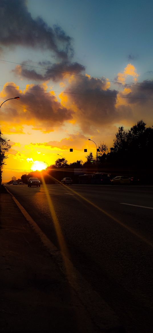 cars, sunset, highway, light, sun, rays, street, clouds