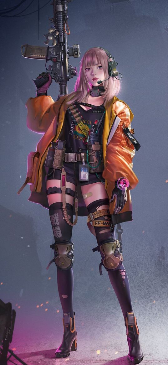 girl, cyberpunk, weapons, jacket, ash, smoke, anime, art