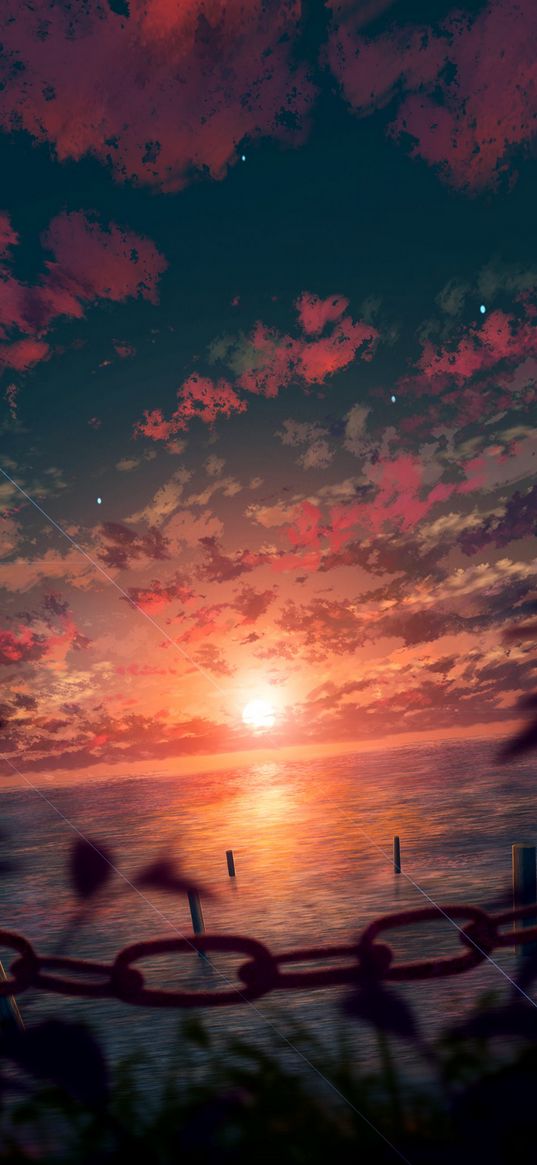 sea, sun, sunset, clouds, horizon, chain, anime, art